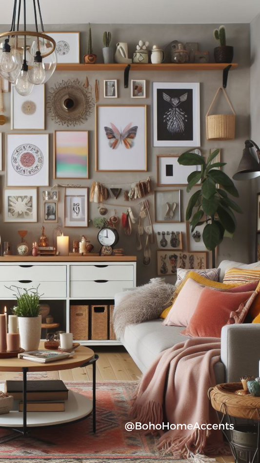 Bohemian living room with eclectic decor, including colorful pillows, plants, and rattan furniture.
