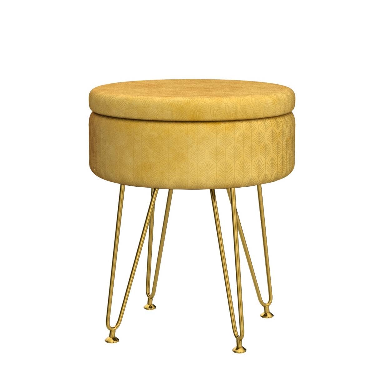 Chic Velvet Storage Ottoman with Gold Legs – Multi-Functional Round Footstool in Ginger
