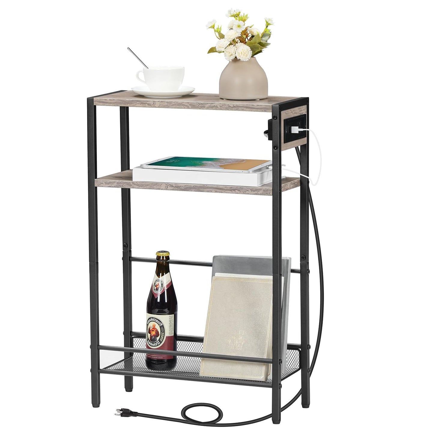 Boho Side Table with Charging Station - Slim End Table with USB Ports and Storage Shelves, Greige and Black
