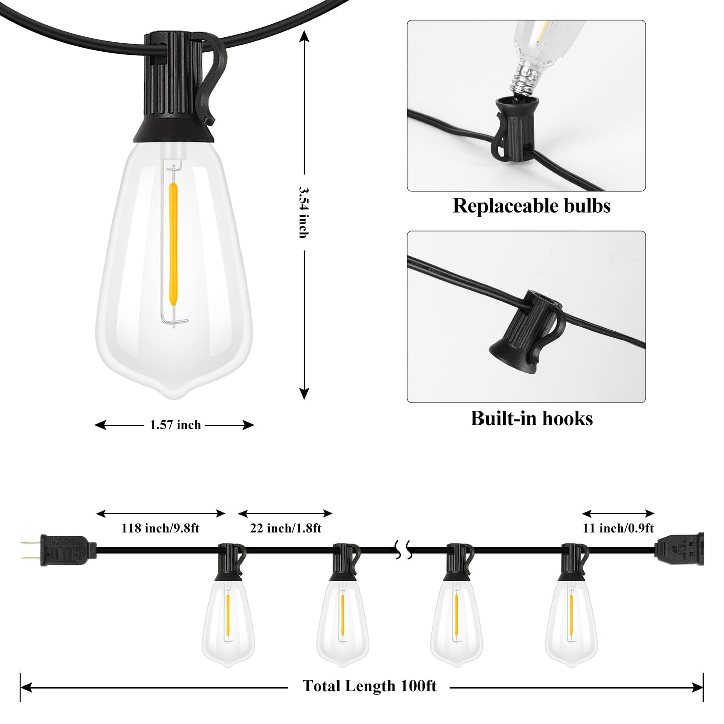 Boho LED String Lights: 100FT Patio Lights with 52 Vintage Edison Bulbs - Waterproof and Dimmable - Perfect for Porch, Deck, or Garden