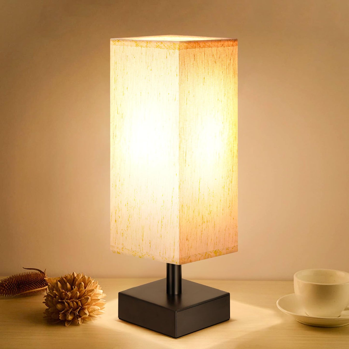 Minimalist Table Lamp - Square Fabric Shade, Bedroom Nightstand Light