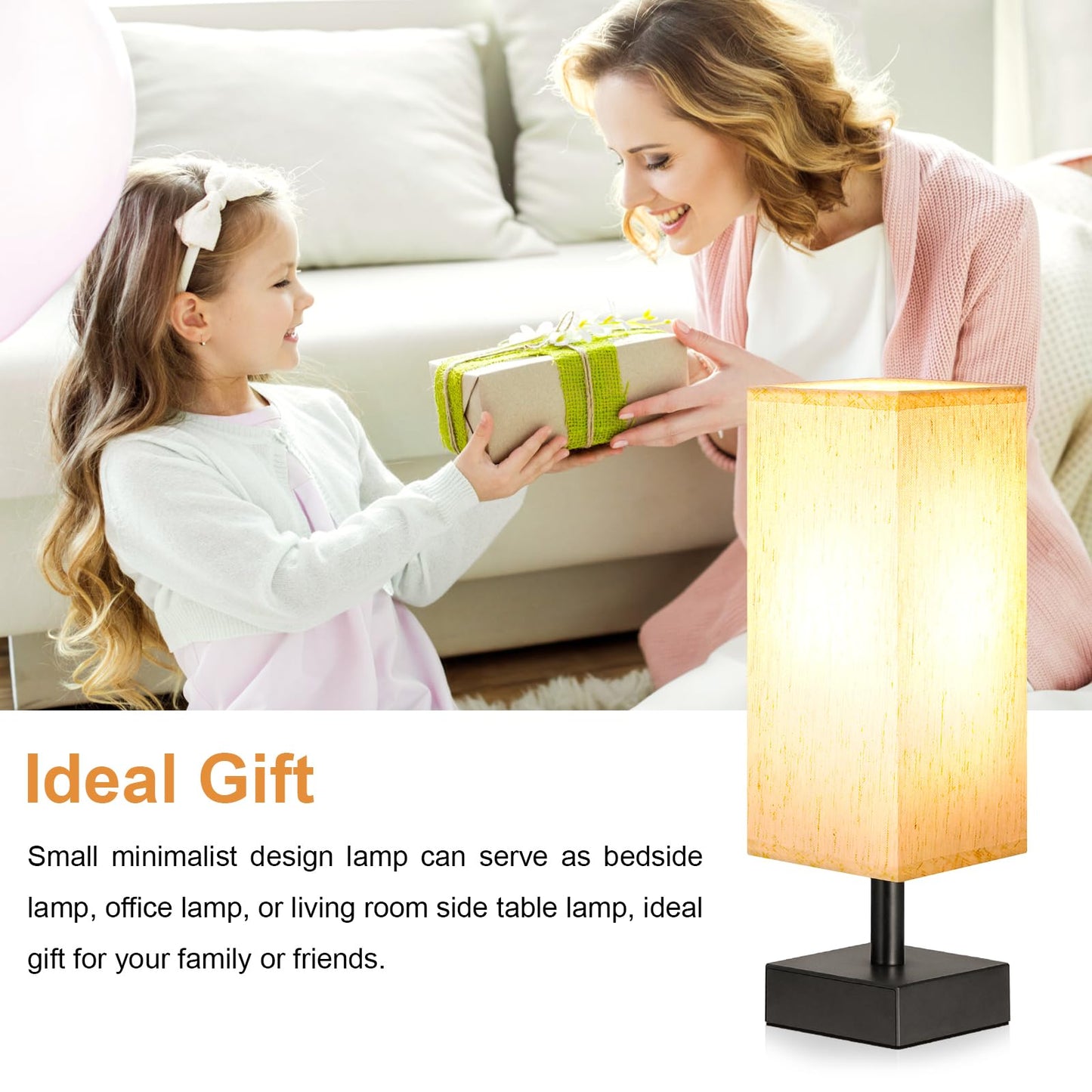 Minimalist Table Lamp - Square Fabric Shade, Bedroom Nightstand Light
