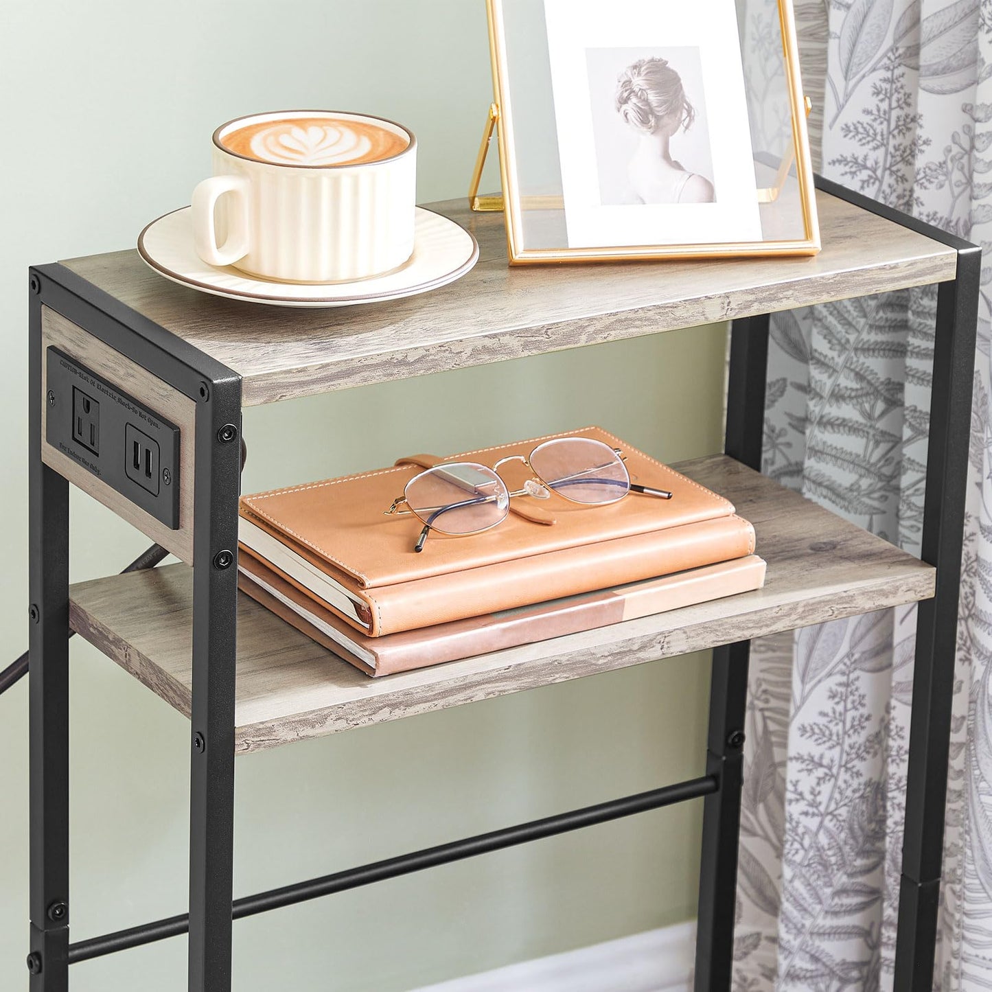 Boho Side Table with Charging Station - Slim End Table with USB Ports and Storage Shelves, Greige and Black