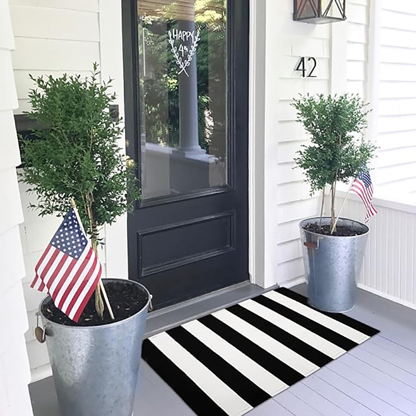 Black & White Striped Front Door Rug - 27.5"x43" Indoor/Outdoor Cotton Porch Mat - Washable Entryway & Patio Decor