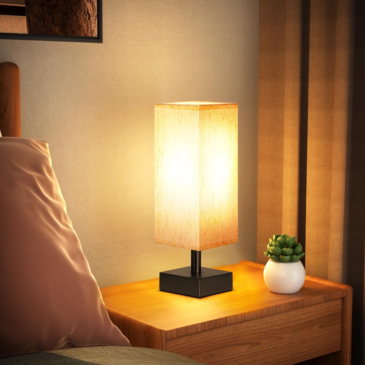 Minimalist Table Lamp - Square Fabric Shade, Bedroom Nightstand Light