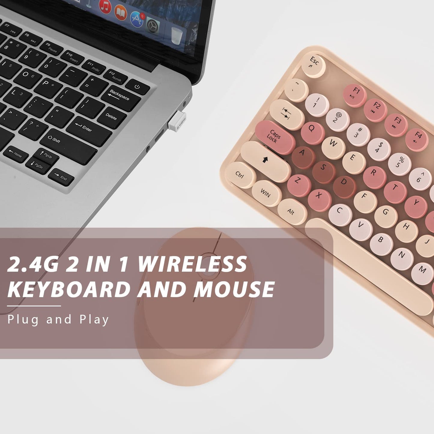 Retro Wireless Keyboard and Mouse - KOOTOP 2.4G USB with Round Keycaps for PC, Mac, Laptop, Tablet
