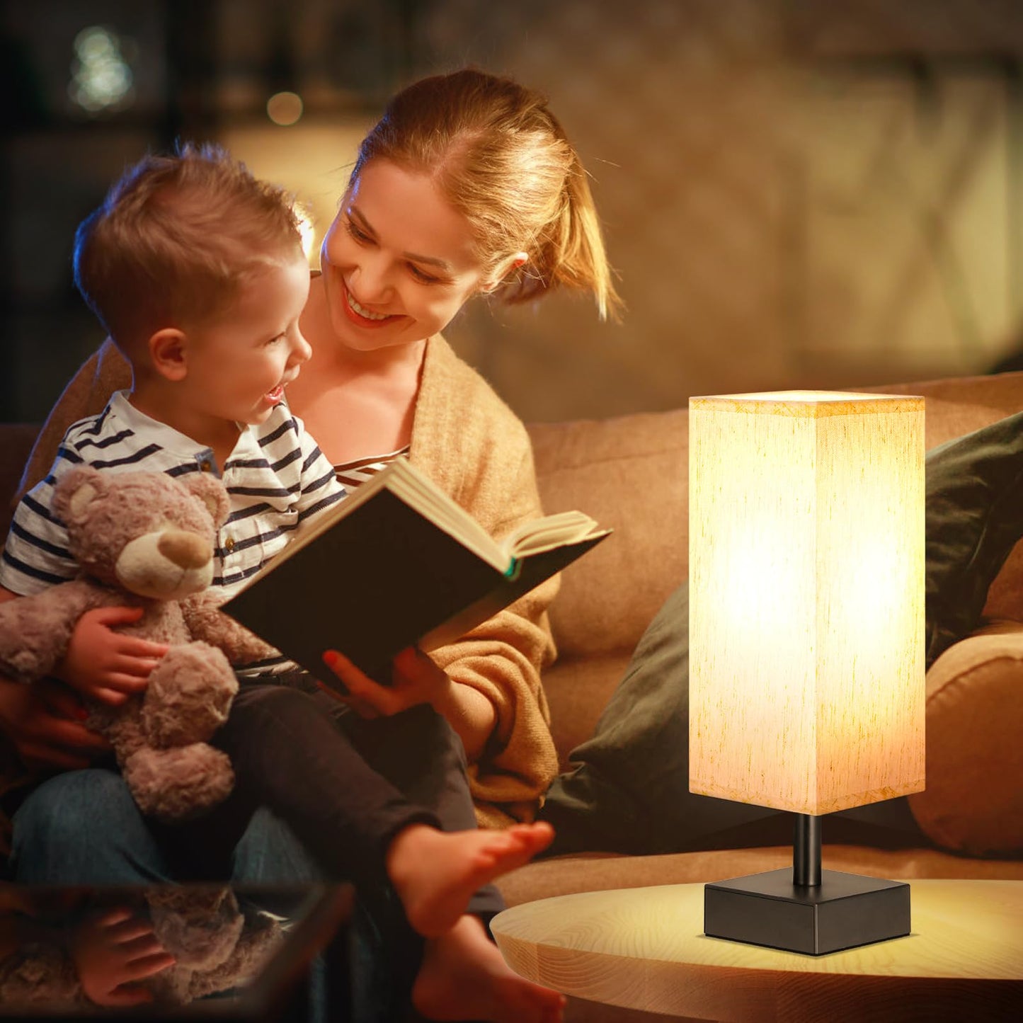 Minimalist Table Lamp - Square Fabric Shade, Bedroom Nightstand Light