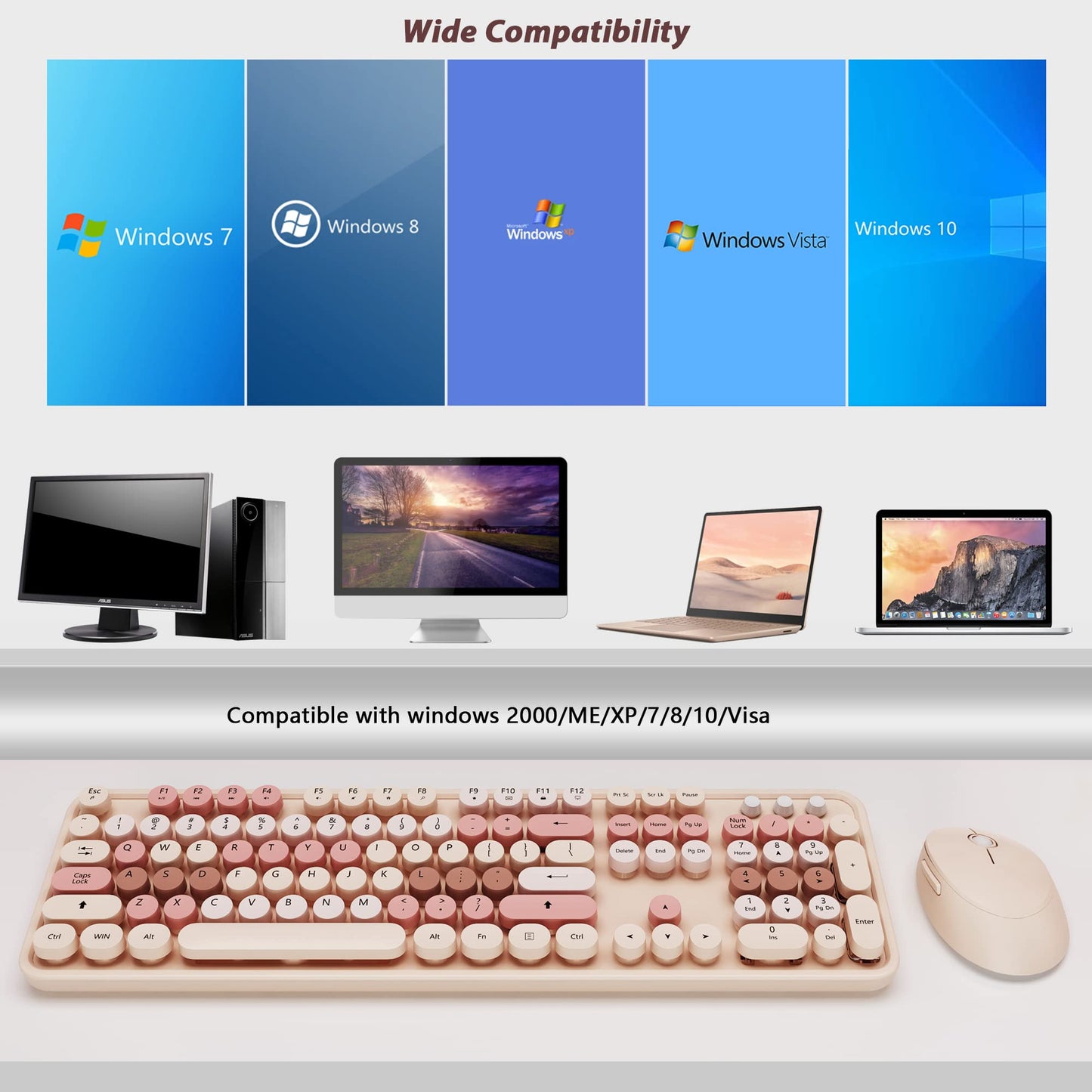 Retro Wireless Keyboard and Mouse - KOOTOP 2.4G USB with Round Keycaps for PC, Mac, Laptop, Tablet