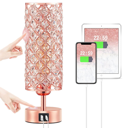 Boho Chic Crystal Table Lamp: Rose Gold with USB Ports | Dimmable Touch Lamp for Bedroom & Living Room