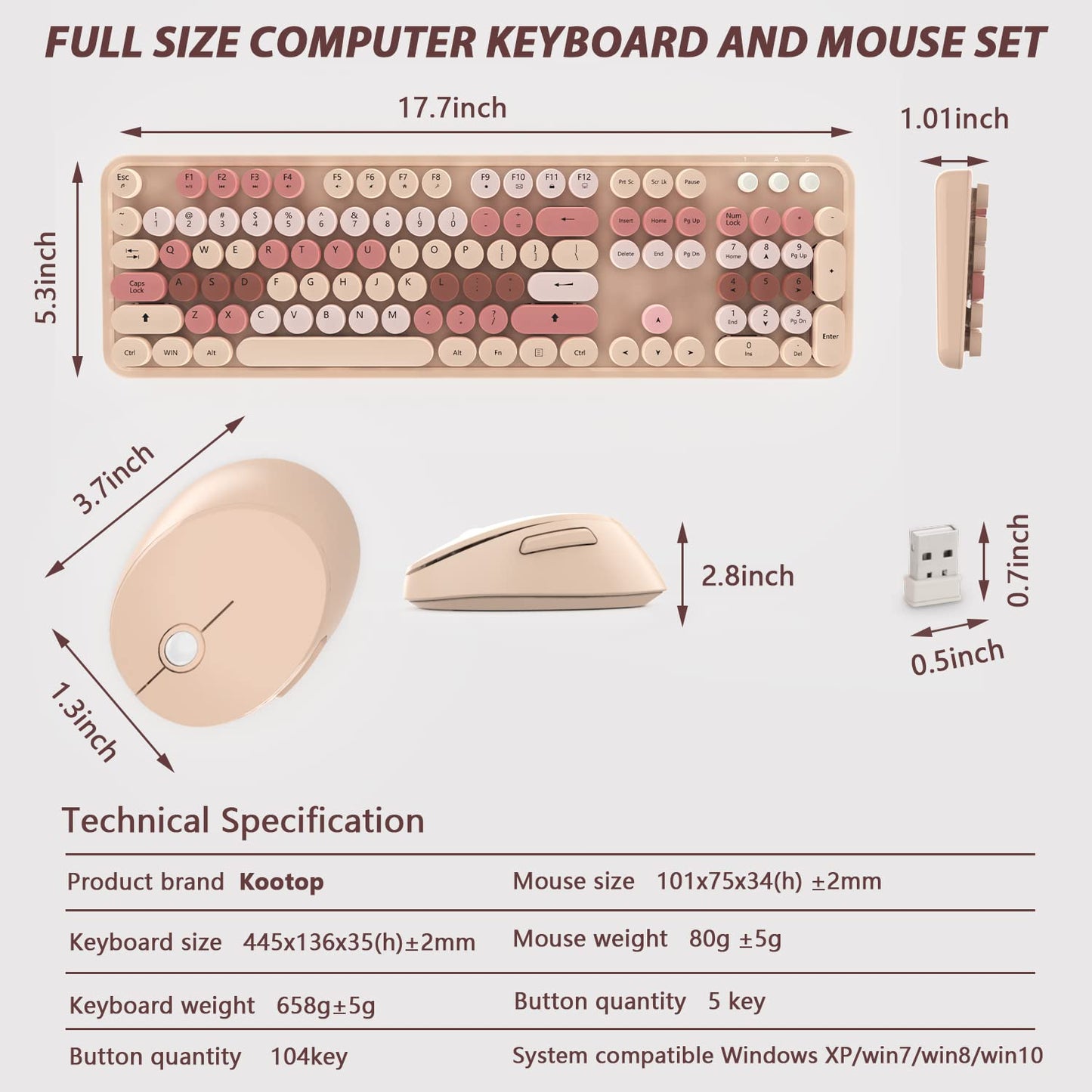 Retro Wireless Keyboard and Mouse - KOOTOP 2.4G USB with Round Keycaps for PC, Mac, Laptop, Tablet