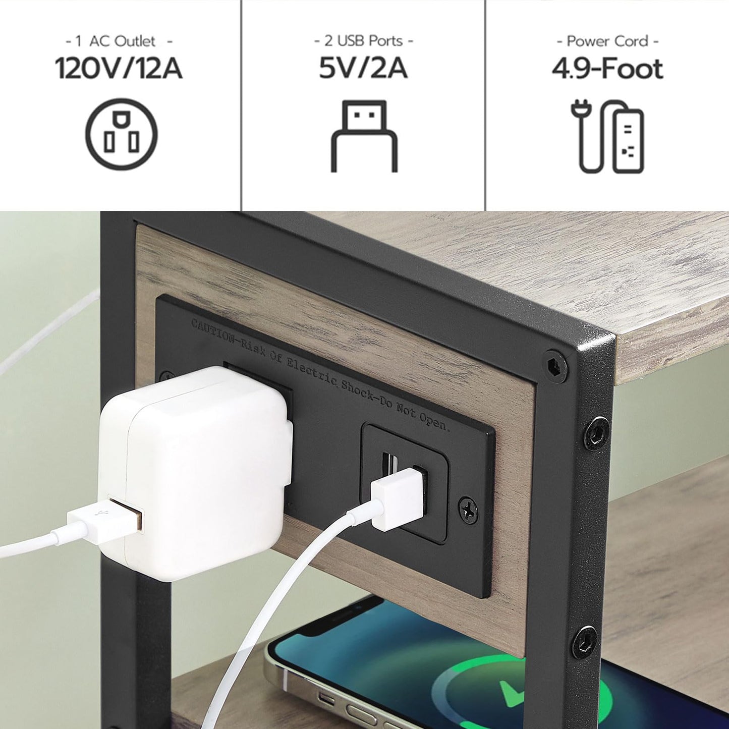Boho Side Table with Charging Station - Slim End Table with USB Ports and Storage Shelves, Greige and Black
