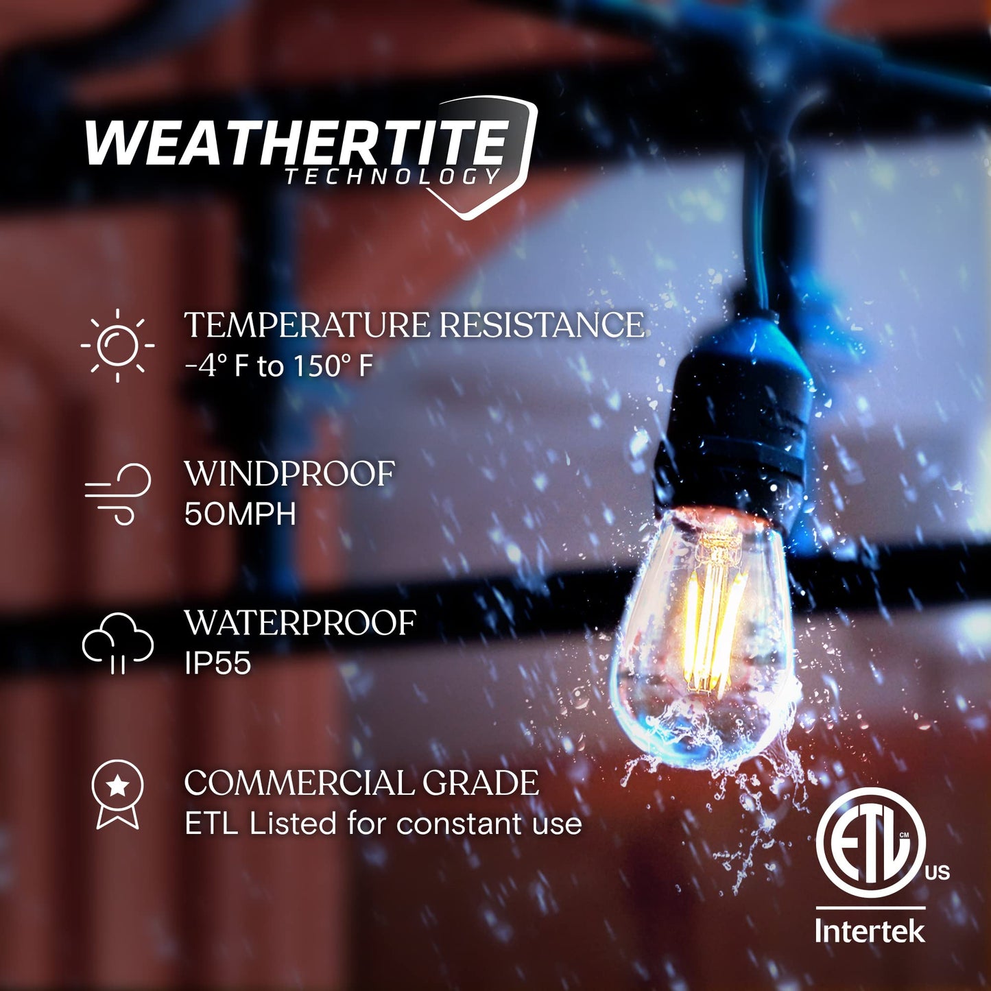 Waterproof LED Outdoor String Lights - Dimmable Vintage Edison Bulbs - 48 Ft Commercial Grade Patio Lighting