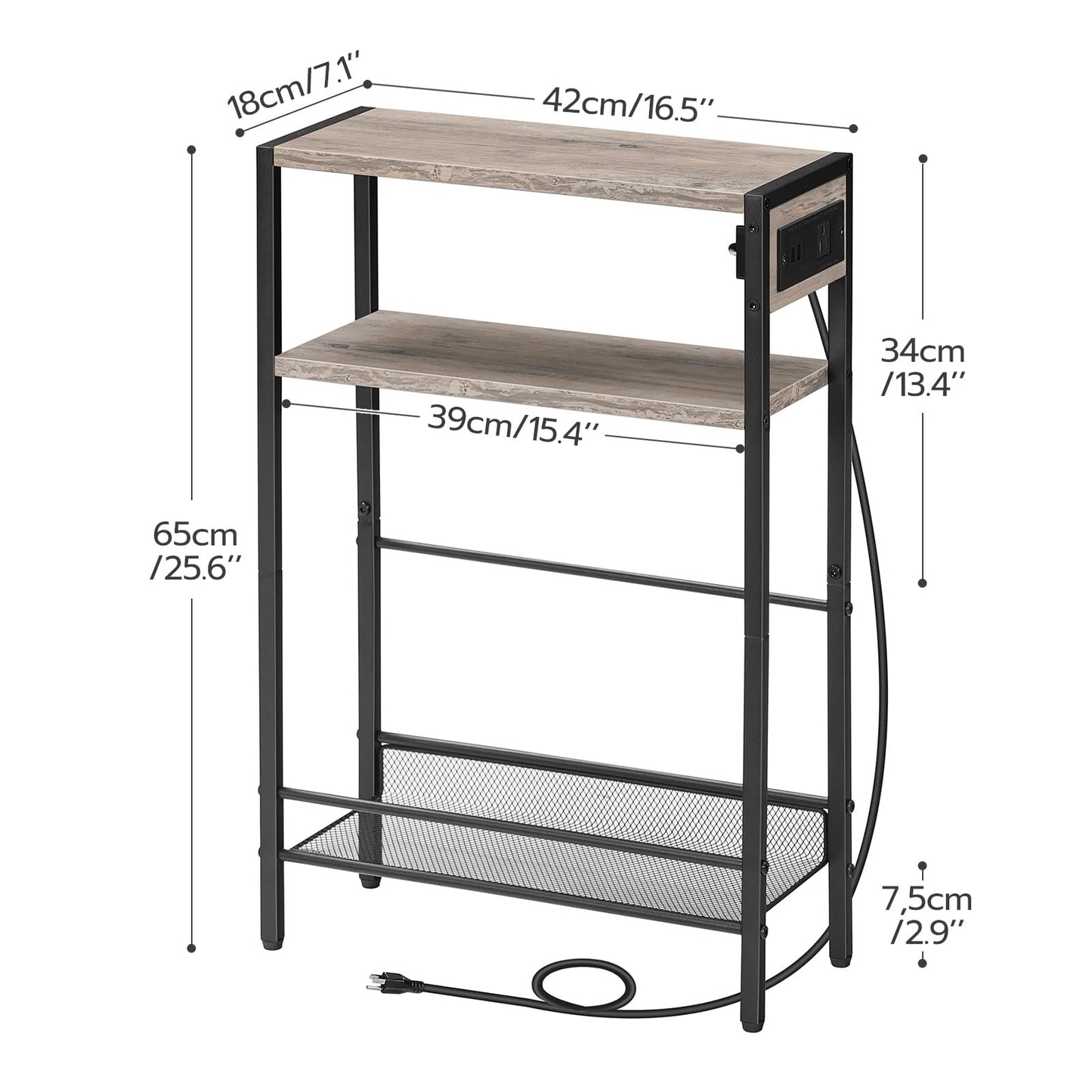 Boho Side Table with Charging Station - Slim End Table with USB Ports and Storage Shelves, Greige and Black