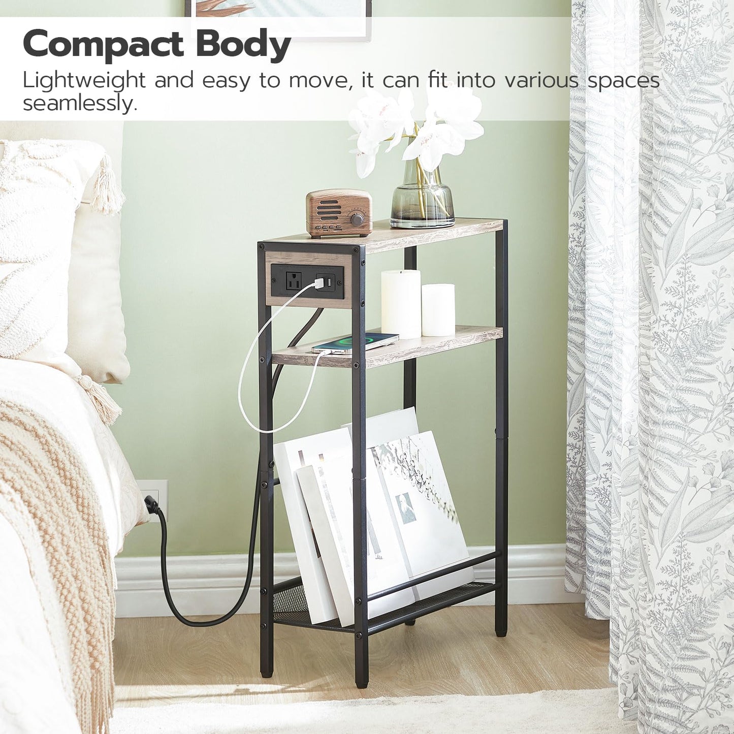 Boho Side Table with Charging Station - Slim End Table with USB Ports and Storage Shelves, Greige and Black