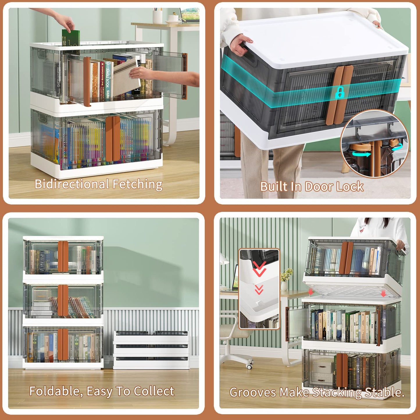 Boho Closet Organizer Bin Set - Foldable Storage Bins with Lids and Doors, 3 Pack