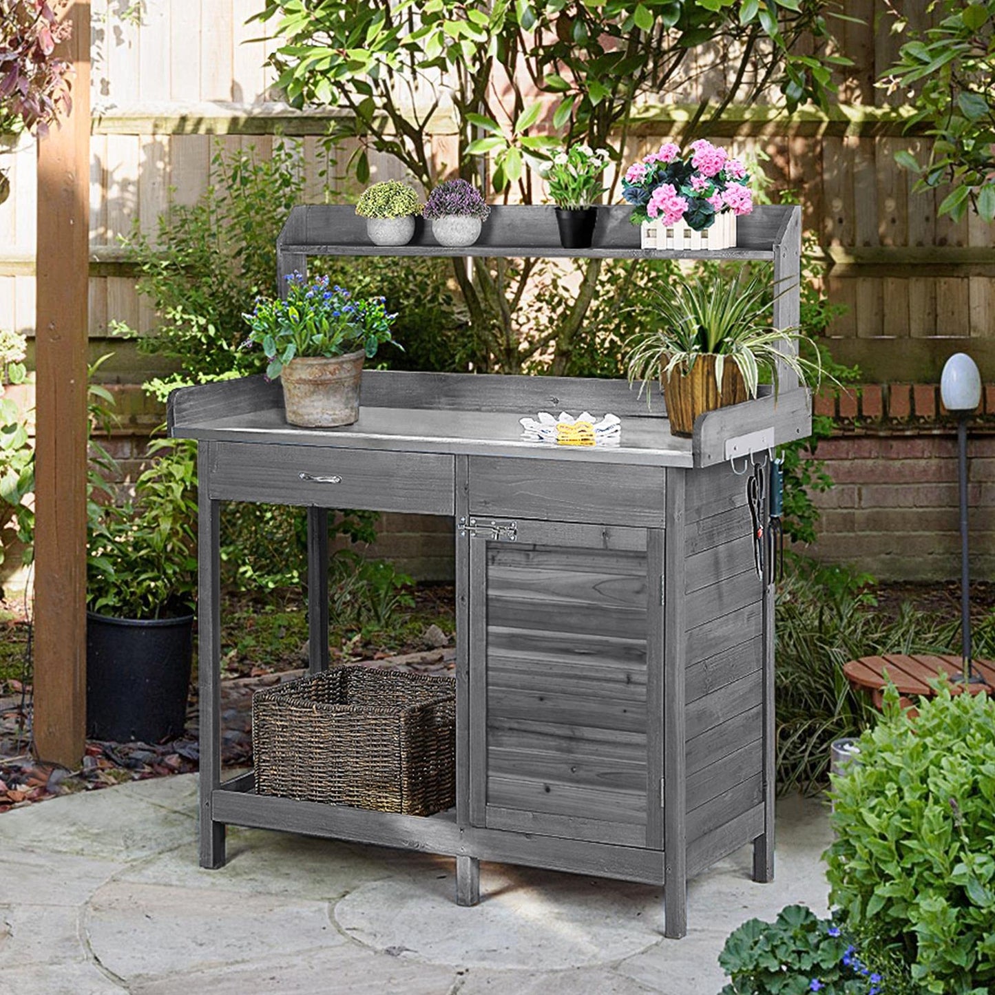 Boho Garden Workstation: Outdoor Potting Bench with Metal Tabletop and Handy Hooks