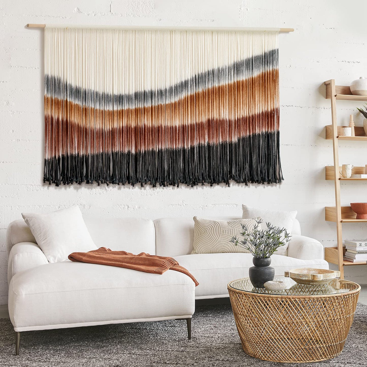 Boho Macrame Wall Hanging - Large Tie-Dye Tapestry, 59" x 35", Coffee Brown & Multi-Color