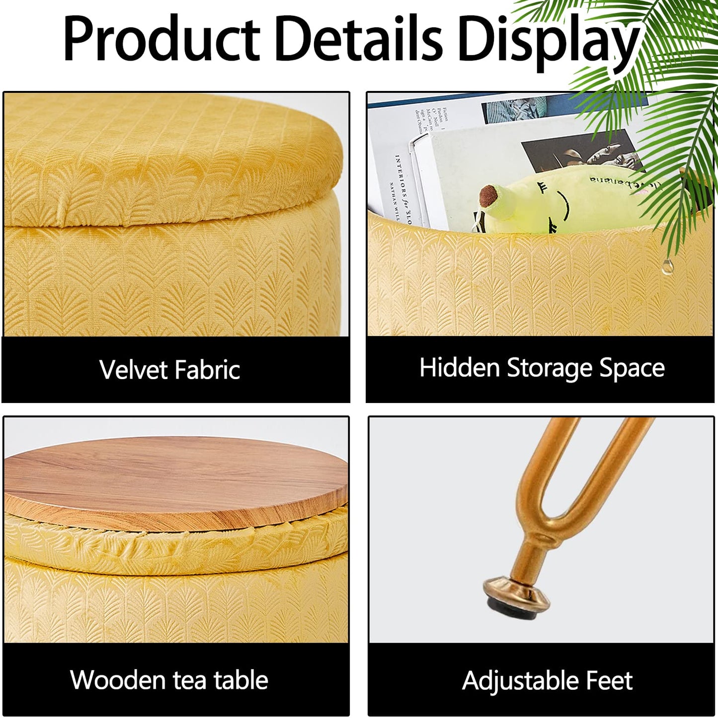 Chic Velvet Storage Ottoman with Gold Legs – Multi-Functional Round Footstool in Ginger