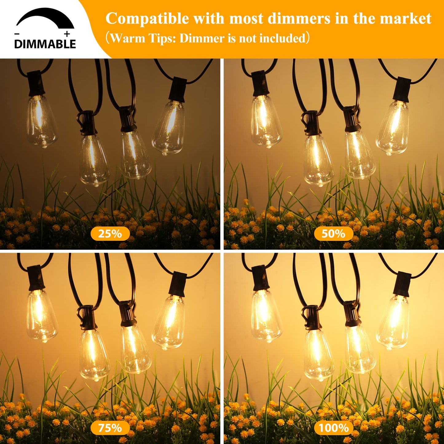 Boho LED String Lights: 100FT Patio Lights with 52 Vintage Edison Bulbs - Waterproof and Dimmable - Perfect for Porch, Deck, or Garden