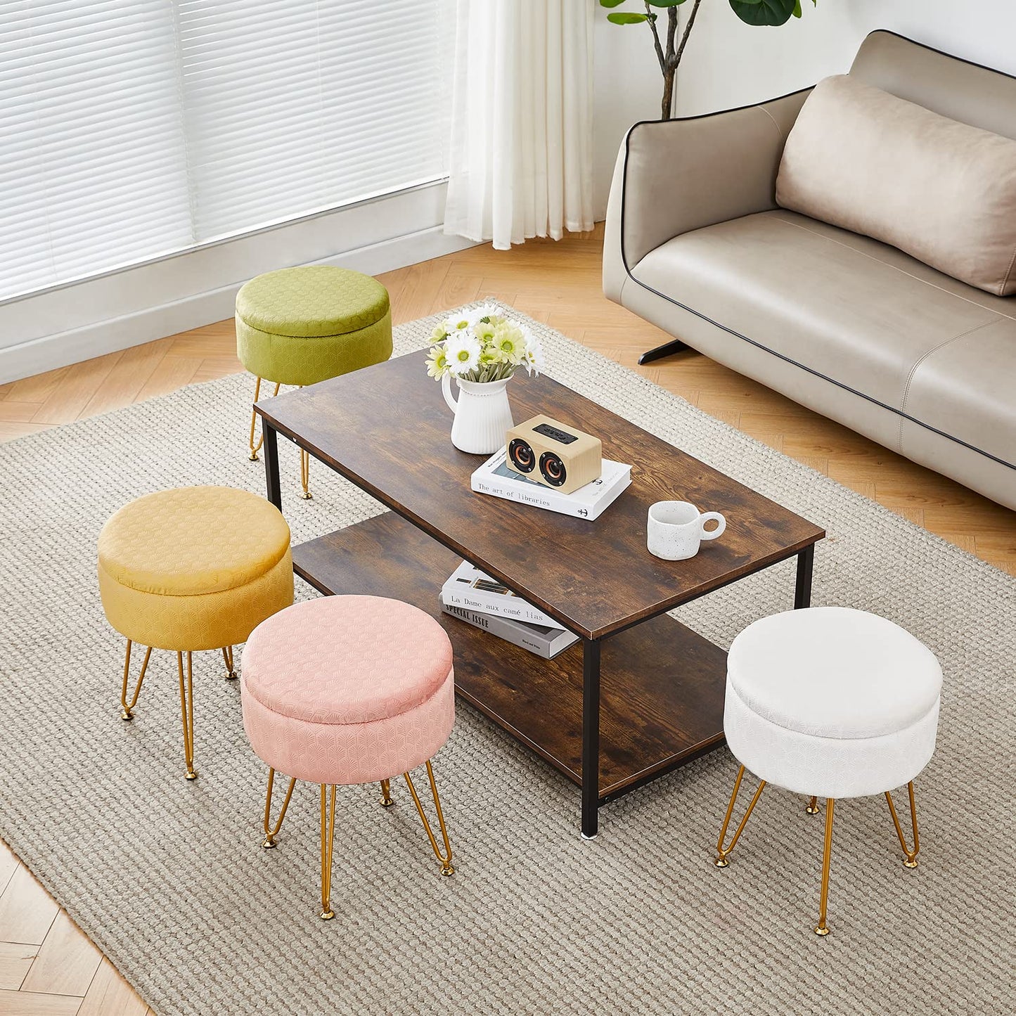 Chic Velvet Storage Ottoman with Gold Legs – Multi-Functional Round Footstool in Ginger
