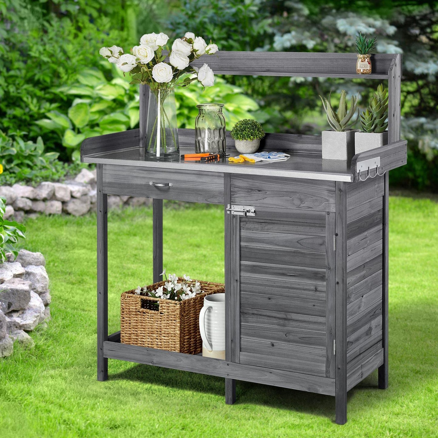 Boho Garden Workstation: Outdoor Potting Bench with Metal Tabletop and Handy Hooks