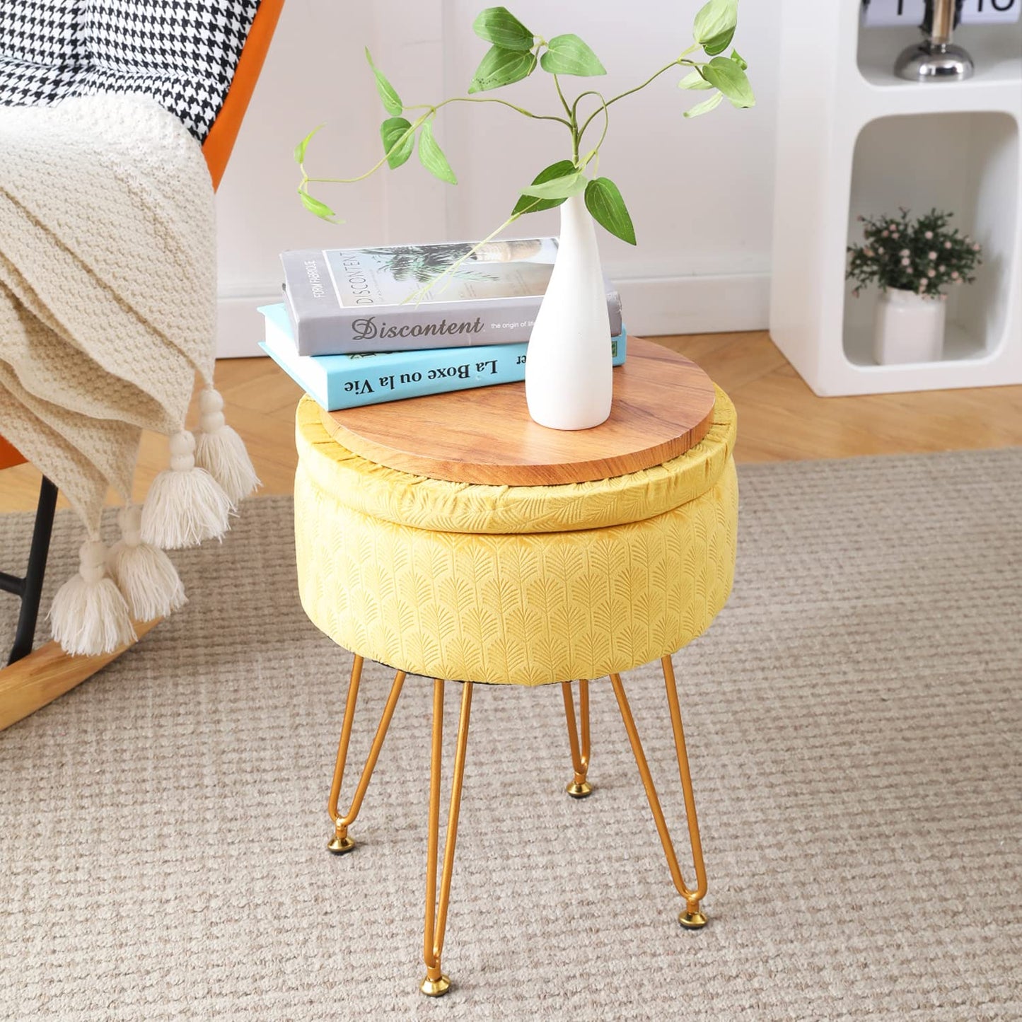 Chic Velvet Storage Ottoman with Gold Legs – Multi-Functional Round Footstool in Ginger
