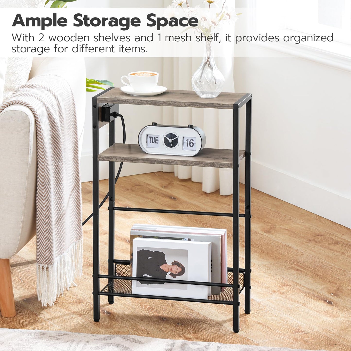 Boho Side Table with Charging Station - Slim End Table with USB Ports and Storage Shelves, Greige and Black