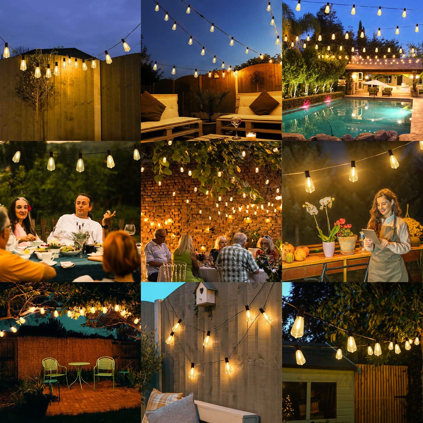 Boho LED String Lights: 100FT Patio Lights with 52 Vintage Edison Bulbs - Waterproof and Dimmable - Perfect for Porch, Deck, or Garden