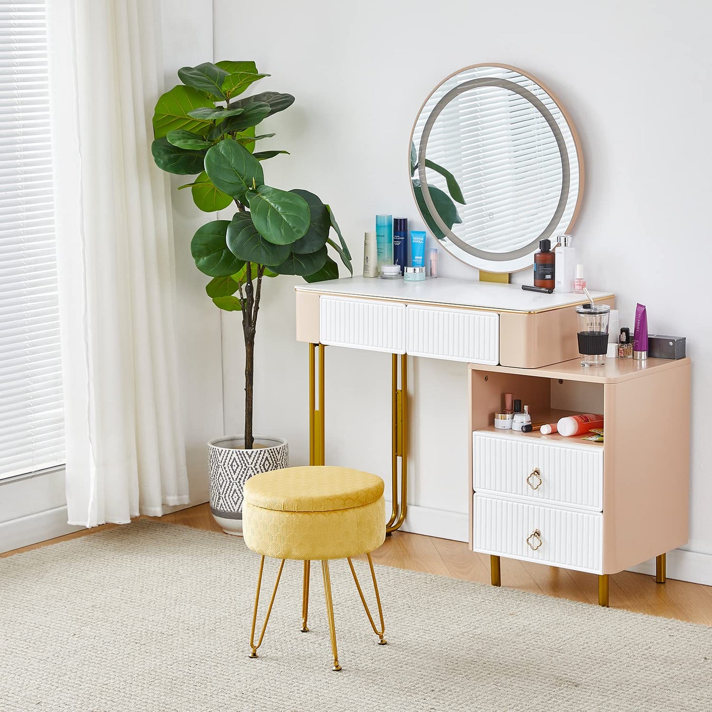 Chic Velvet Storage Ottoman with Gold Legs – Multi-Functional Round Footstool in Ginger
