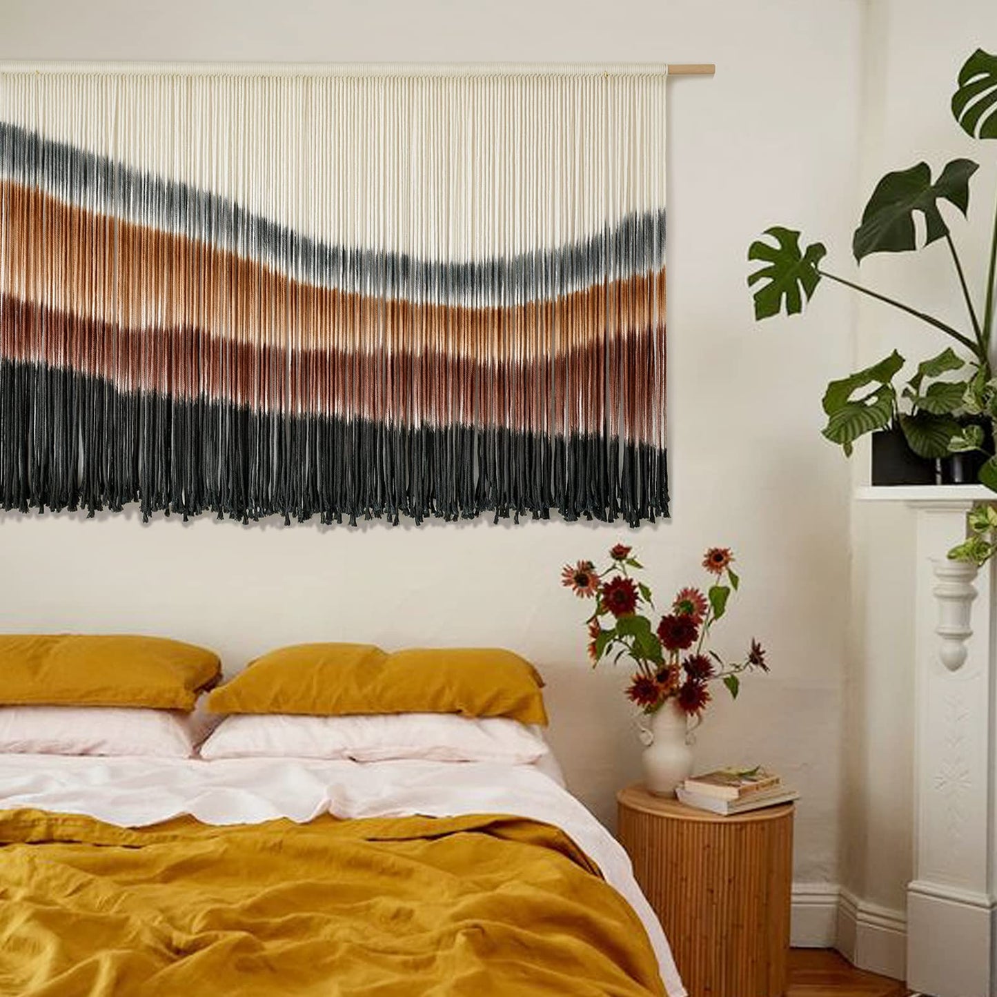 Boho Macrame Wall Hanging - Large Tie-Dye Tapestry, 59" x 35", Coffee Brown & Multi-Color
