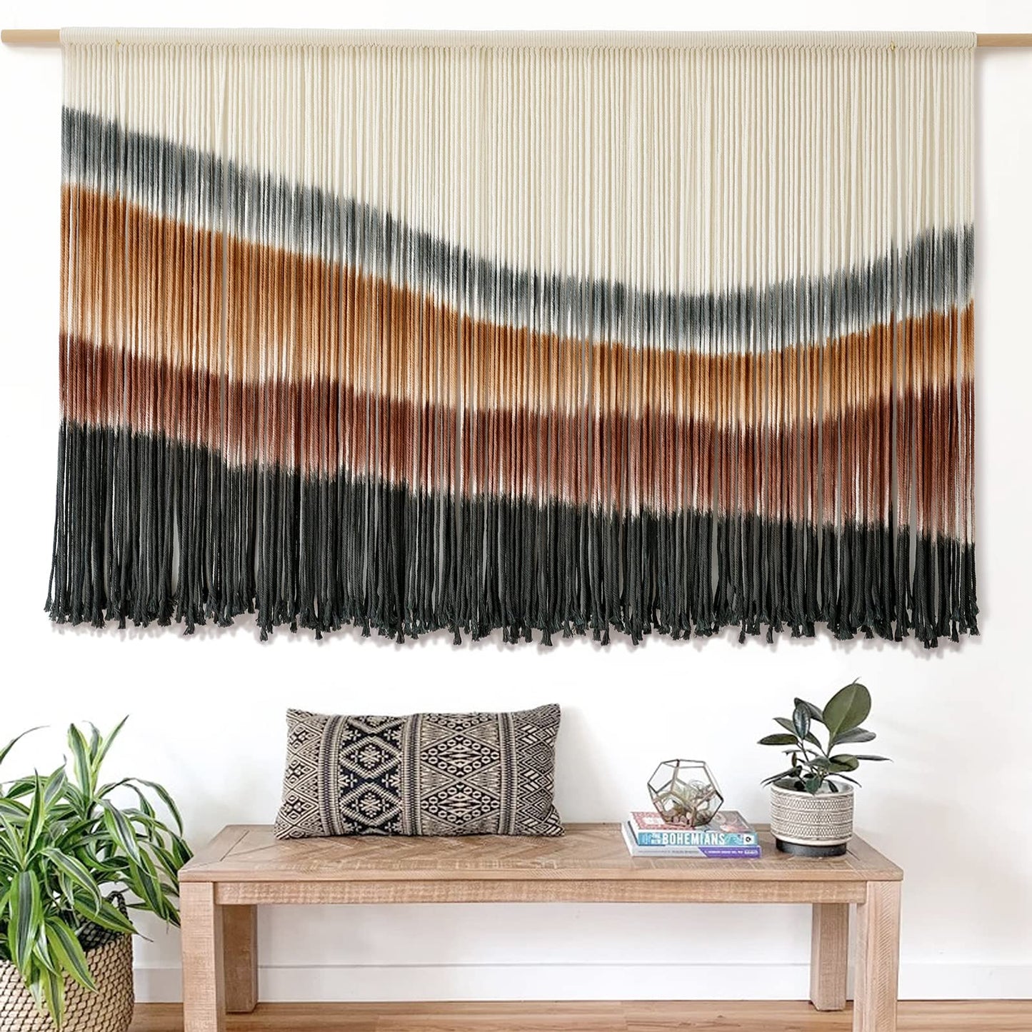 Boho Macrame Wall Hanging - Large Tie-Dye Tapestry, 59" x 35", Coffee Brown & Multi-Color