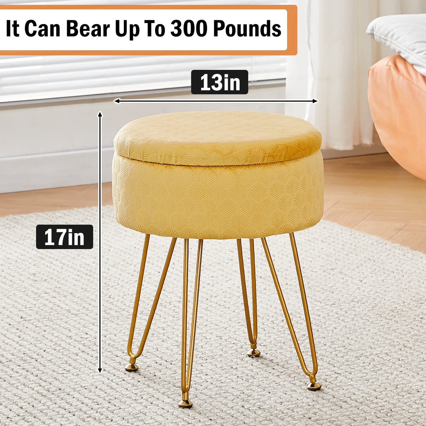 Chic Velvet Storage Ottoman with Gold Legs – Multi-Functional Round Footstool in Ginger