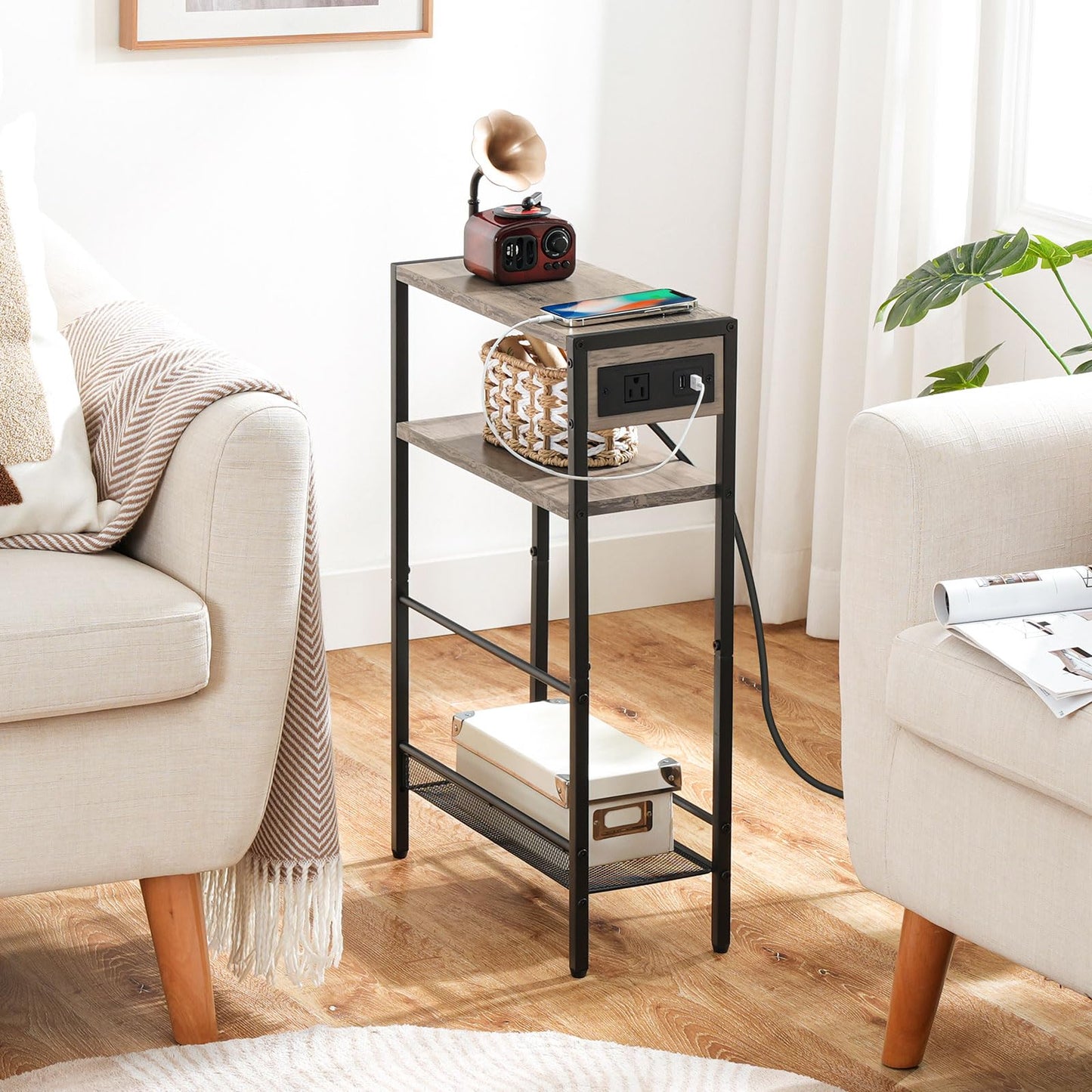 Boho Side Table with Charging Station - Slim End Table with USB Ports and Storage Shelves, Greige and Black