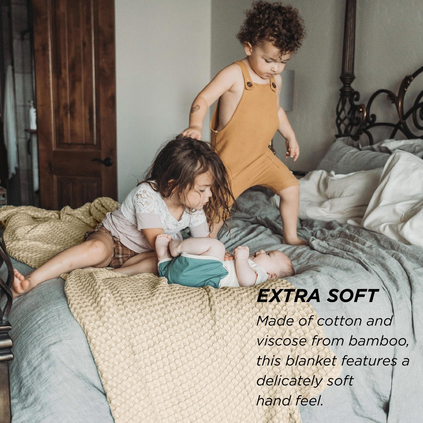 Beige Cooling Waffle King Blanket - Lightweight Bamboo-Cotton Blend for Hot Sleepers, 104x90 Inches