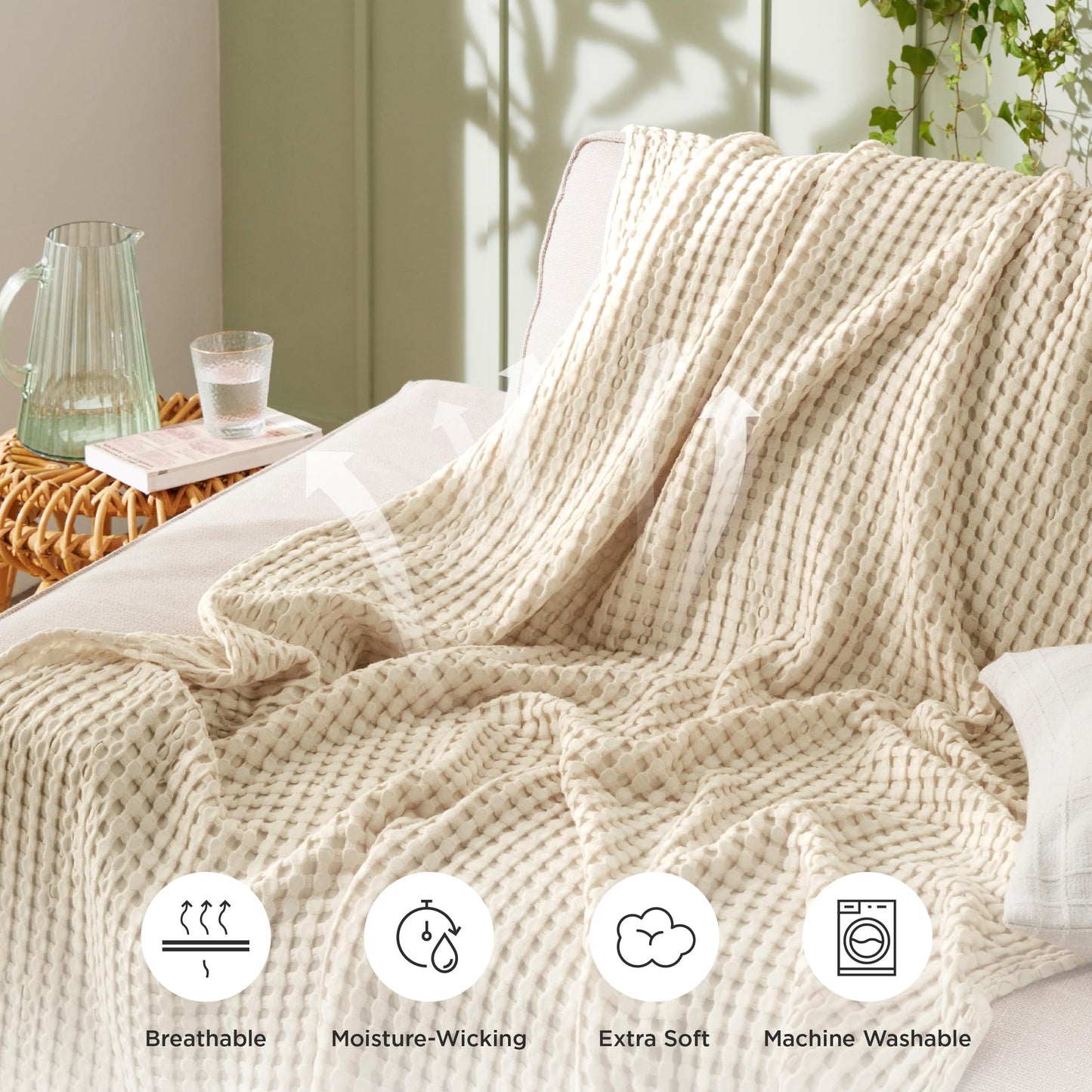 Beige Cooling Waffle King Blanket - Lightweight Bamboo-Cotton Blend for Hot Sleepers, 104x90 Inches