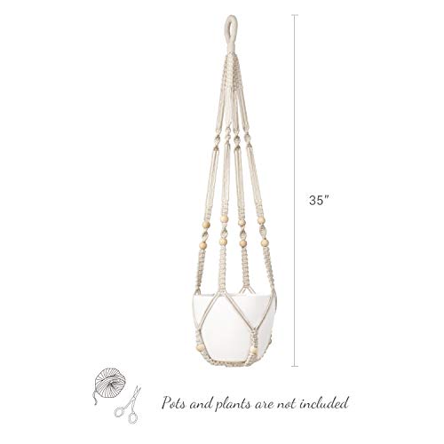 Mkono Macrame Plant Hanger Indoor Hanging Planter Basket with Wood Beads Decorative Flower Pot Holder No Tassels for Indoor Outdoor Boho Home Decor 35 Inch, Ivory (POTS NOT Included)