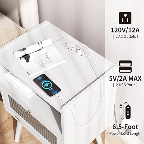 Nightstand with Charging Station and Glass Door - 2-Tier Bedside Table for Bedroom & Living Room