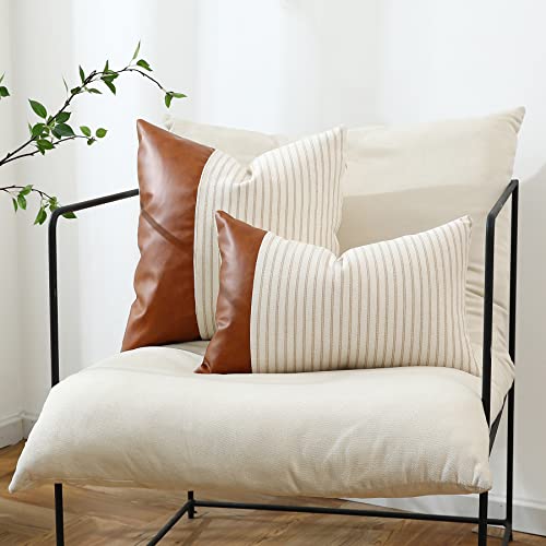 Boho Throw Pillow Covers 18x18, Khaki Stripes Textured Cotton Faux Leather Stitching Square Farmhouse Pillow Covers