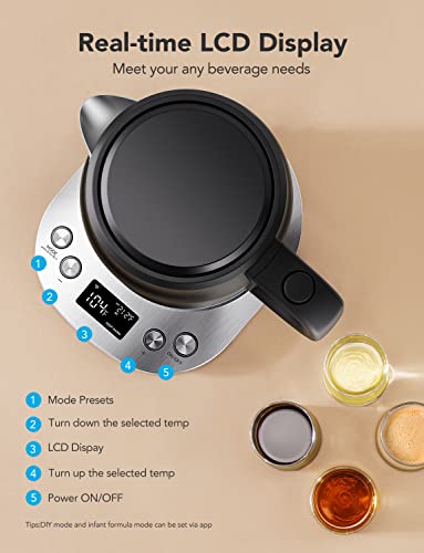 Smart Electric Kettle with WiFi Control - Temperature Control, 1500W Rapid Boil, 1.7L Stainless Steel, BPA Free