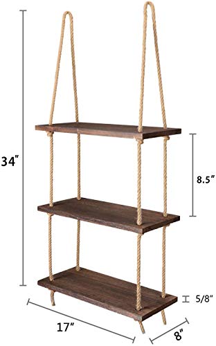 Rustic Wood 3-Tier Hanging Shelves - Boho Floating Wall Display for Photos, Plants, and Storage - Ideal for Dorm, Bathroom, Bedroom, or Living Room Decor