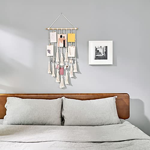 Hanging Macrame Photo Display - Boho Wall Decor with 30 Wood Clips for Bedroom, Dorm, Home Office - Ivory