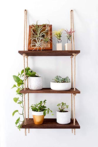 Rustic Wood 3-Tier Hanging Shelves - Boho Floating Wall Display for Photos, Plants, and Storage - Ideal for Dorm, Bathroom, Bedroom, or Living Room Decor