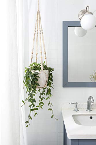 Mkono Macrame Plant Hanger Indoor Hanging Planter Basket with Wood Beads Decorative Flower Pot Holder No Tassels for Indoor Outdoor Boho Home Decor 35 Inch, Ivory (POTS NOT Included)