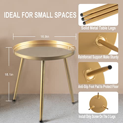 Boho Gold End Table for Living Room, Bedroom, or Balcony - Metal Side Table & Plant Stand with Tray and 3 Legs, Indoor & Outdoor Decor