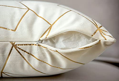 YONGLIU Set of 2 Velvet Cushion Cases Decorative Gold Foil Geometric Pattern Ultra-Soft Square Throw Pillow Covers for Modern Homes Couch Sofa Bedroom Living Room Car Chair(Off White, 20"X20")