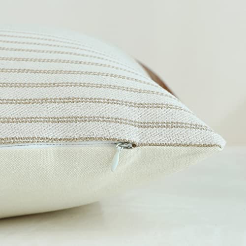 Boho Throw Pillow Covers 18x18, Khaki Stripes Textured Cotton Faux Leather Stitching Square Farmhouse Pillow Covers