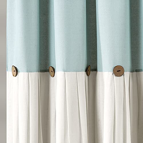 Lush Decor Linen Button Farmhouse Shower Curtain Pleated Two Tone Design for Bathroom, 72" x 72", Blue & Off-White
