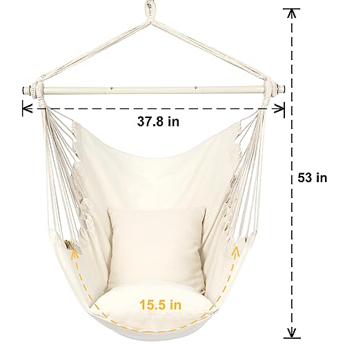 Boho Hammock Chair Hanging Rope Swing, Max 320 Lbs, 2 Seat Cushions Included, Indoor and Outdoor Use