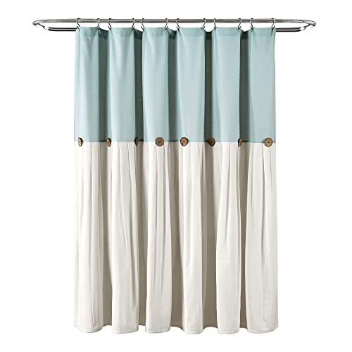 Lush Decor Linen Button Farmhouse Shower Curtain Pleated Two Tone Design for Bathroom, 72" x 72", Blue & Off-White