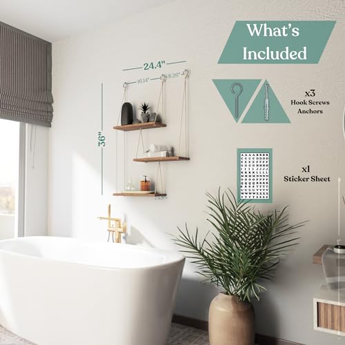 Hanging Shelves for Wall - Boho Shelves Hanging Plant Shelf - Rope Shelf for Wall Decor Living Room Decor Aesthetic - Hanging Wall Shelves for Bedroom Decor Boho Wall Decor Floating Shelves Bathroom